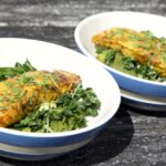 Roasted salmon with warm broccoli and kale salad