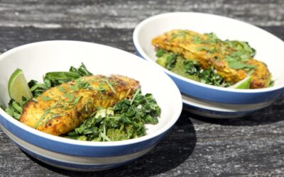 Roasted salmon with warm broccoli and kale salad