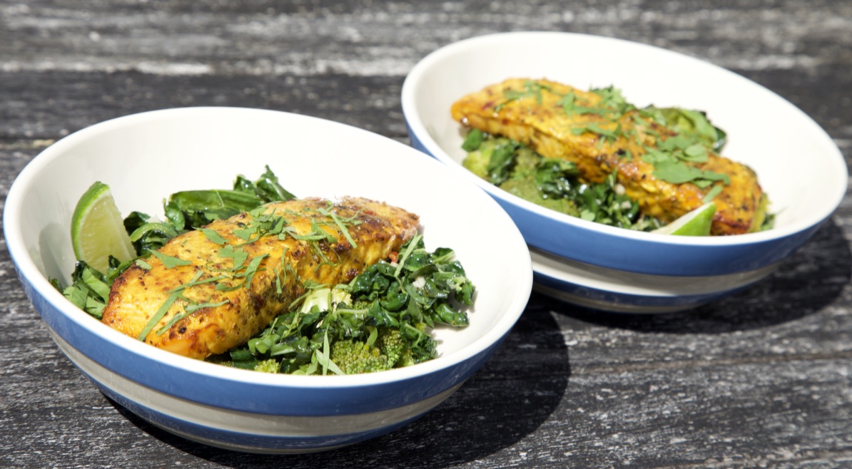 Roasted salmon with warm broccoli and kale salad